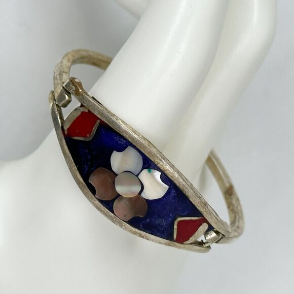 Vintage Mexico Alpaca Silver Tone Abalone Shell Flower Child's Bangle ✨ - Picture 1 of 10
